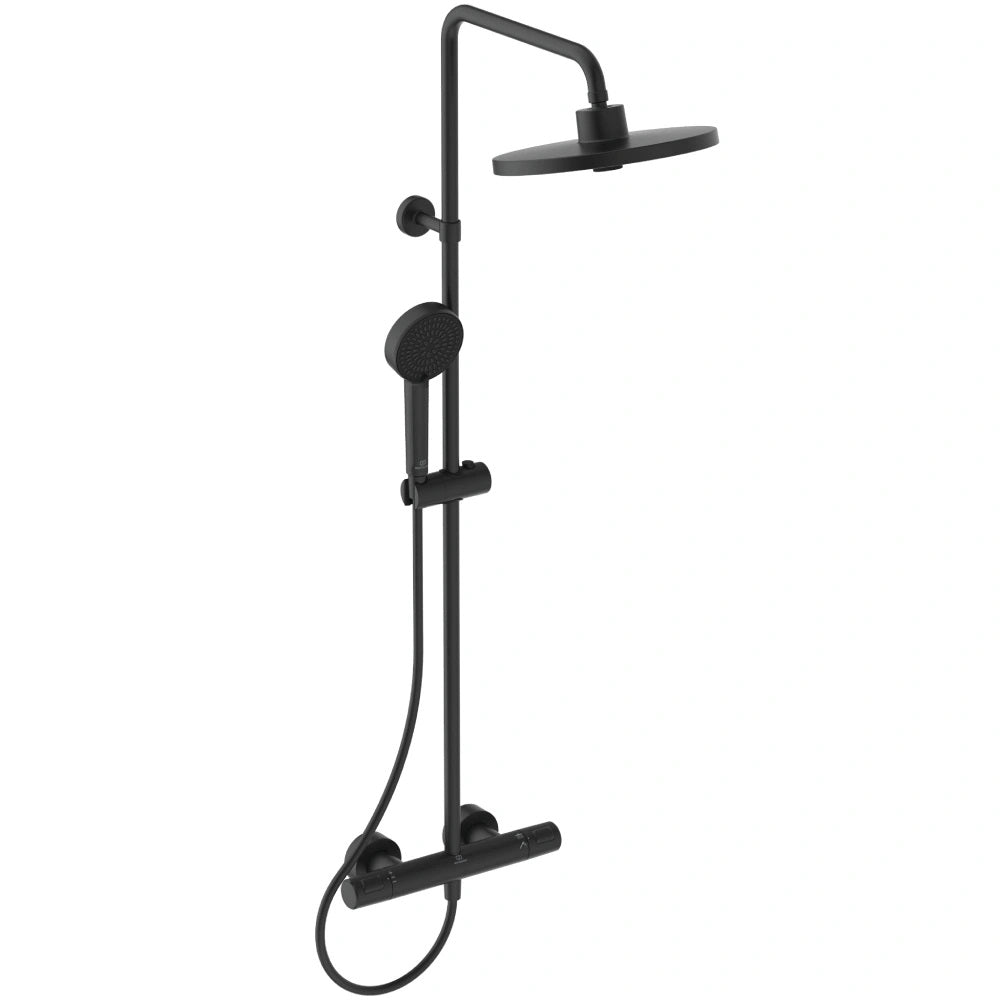 Термостатна душ колона Ceratherm T25+ Silk Black - Ideal Standard, черна стенна система с ръчен и разпръсквач, Cool body, 40°C ограничител