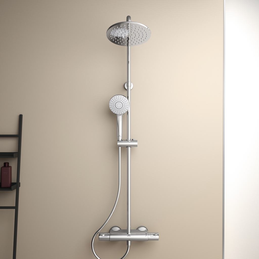 Термостатна душ колона Ceratherm T50 - Ideal Standard, стоманена душ колона с термостат и полица, онлайн магазин KERANOVA