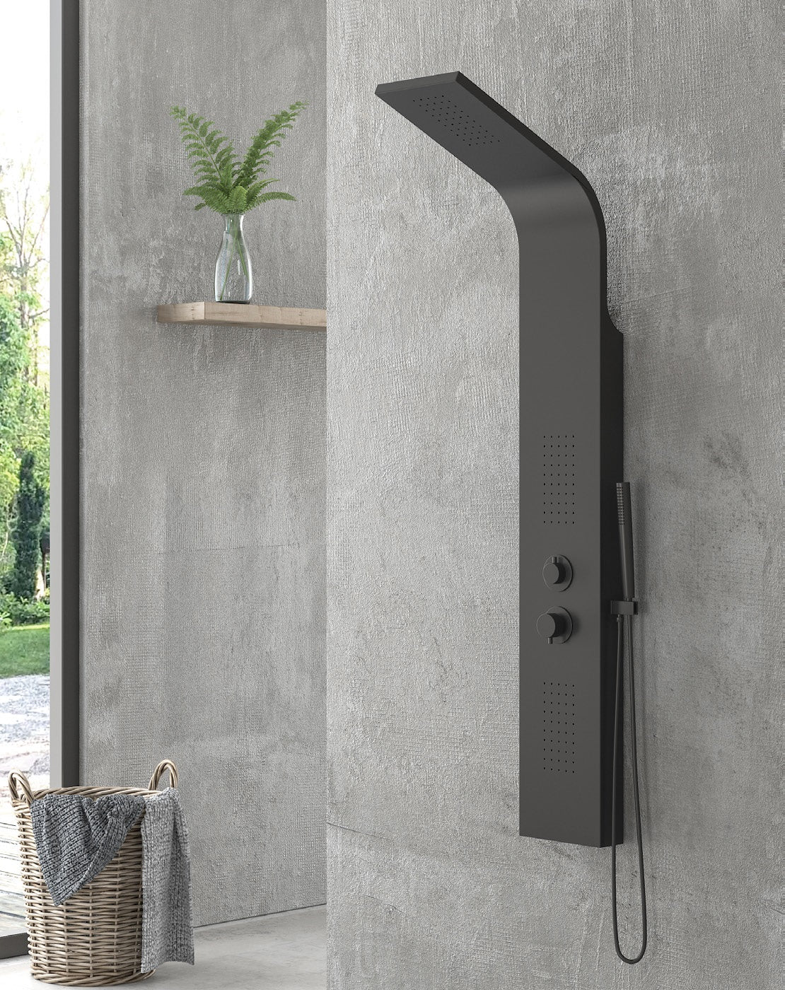 Душ панел в черно Nero - алуминиев 140x20 см с 3 сета хидромасажни дюзи, дъждовен ефект, онлайн магазин KERANOVA