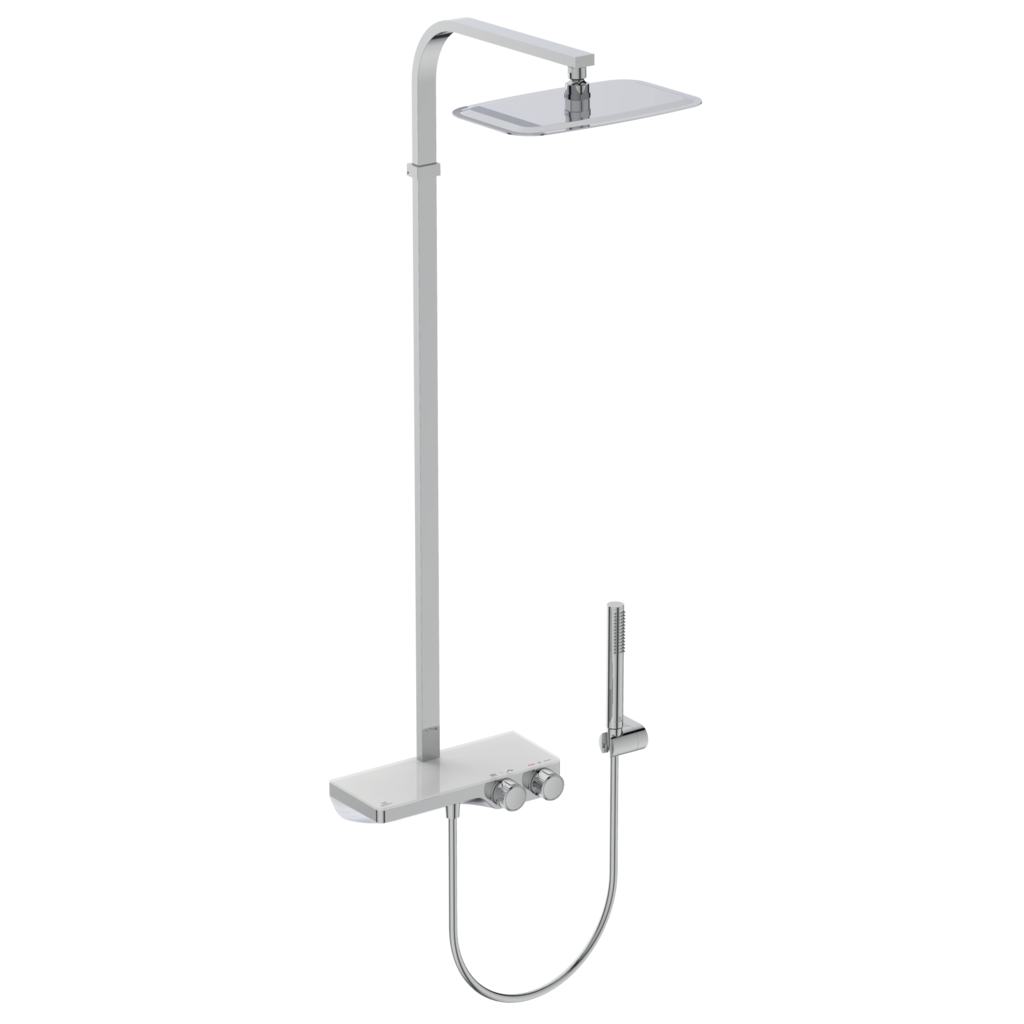 Термостатна душ колона Ceratherm S200 - Ideal Standard, хромирана душ система с главен и ръчен душ, стъклена поставка, ECO стоп за KERANOVA