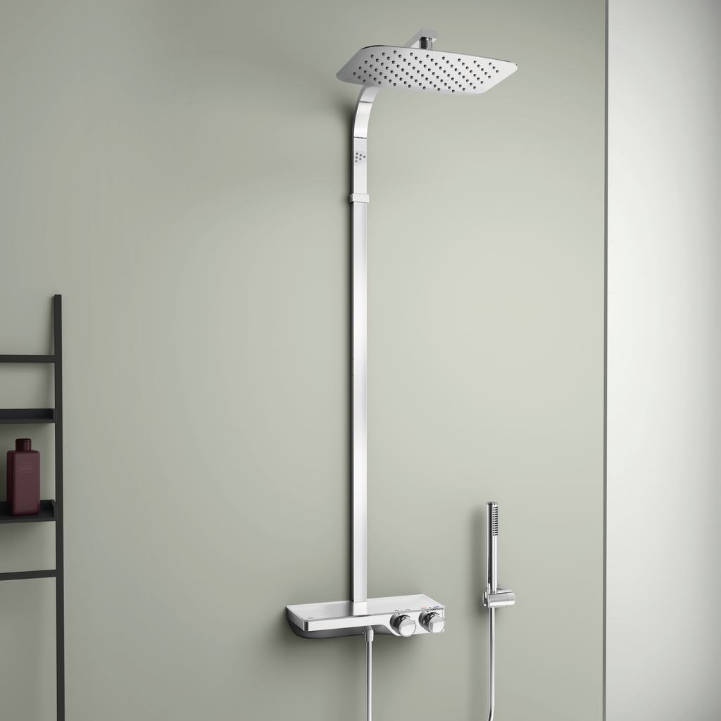 Термостатна душ колона Ceratherm S200 - Ideal Standard, хромирана душ колона с термостат, ECO стоп и поставка от бяло стъкло за KERANOVA