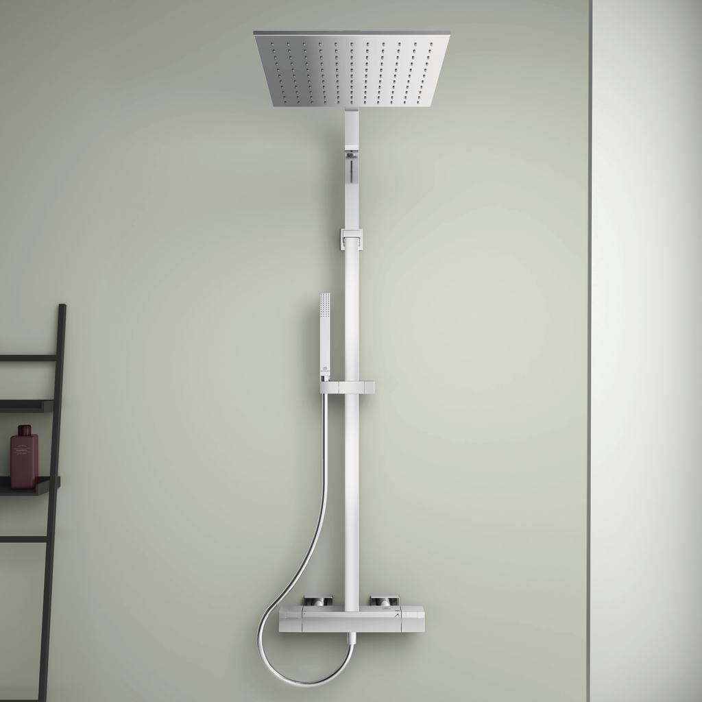 Термостатна душ колона Ceratherm C100 - Ideal Standard в бял хром, стенен термостатен смесител с ECO стоп за онлайн магазин KERANOVA