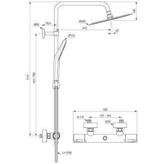 Термостатна душ колона Ceratherm T50 - Ideal Standard технически чертеж с размери за онлайн магазин KERANOVA