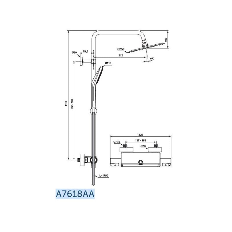 Термостатна душ колона Ceratherm T50 - Ideal Standard технически чертеж с размери и схема A7618AA за онлайн магазин KERANOVA