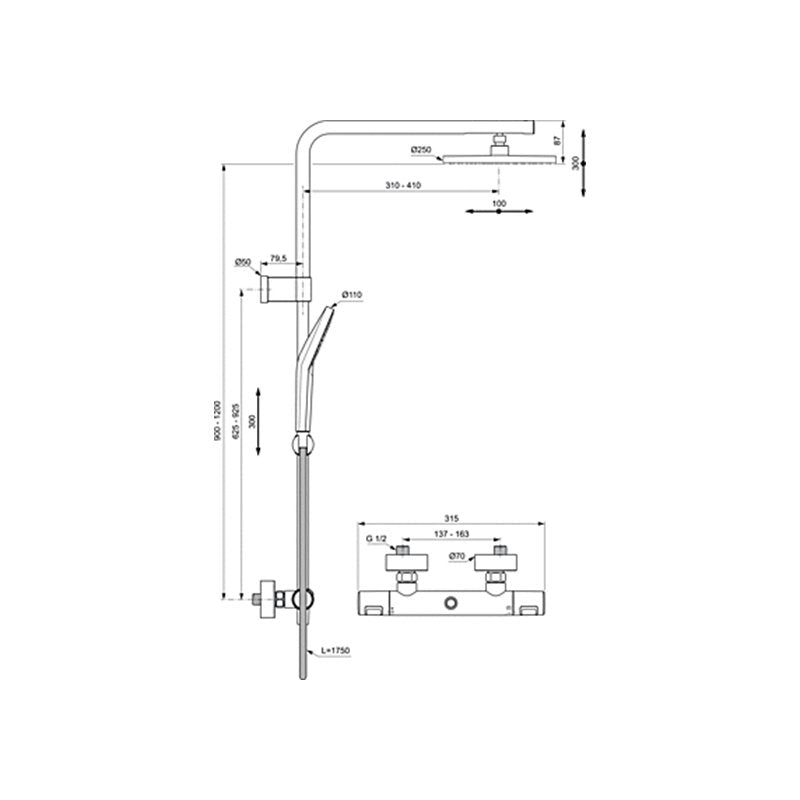 Термостатна душ колона Ceratherm T25+ - Ideal Standard технически чертеж и размери за онлайн магазин KERANOVA