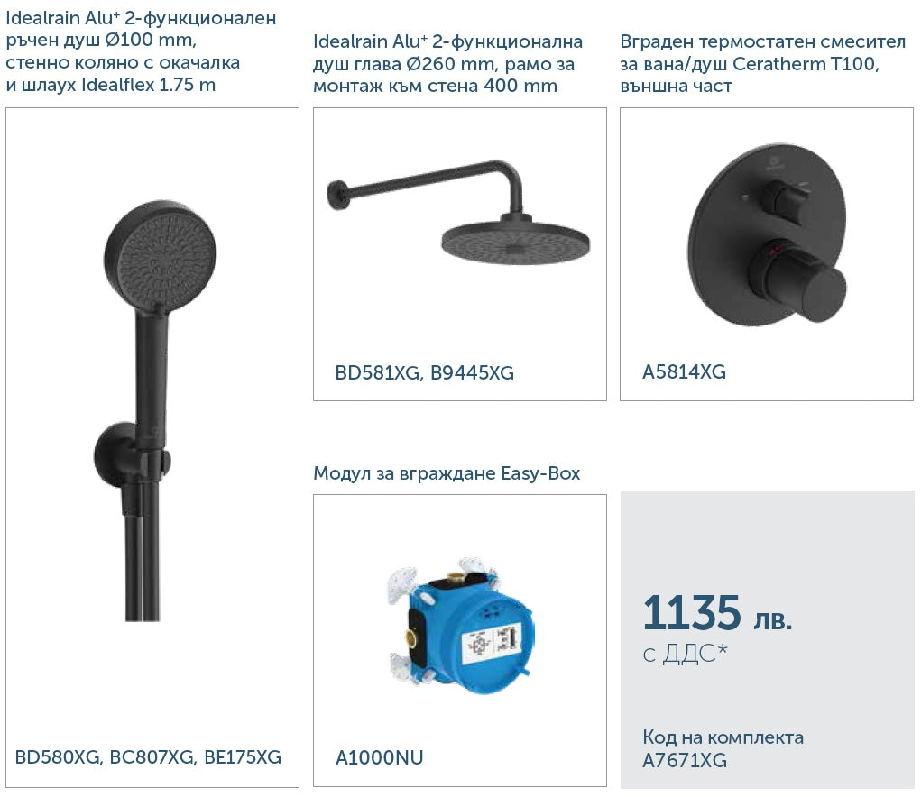 Комплект за вграждане Ceratherm T100 Silk Black - Ideal Standard черен вграден душ комплект за баня, термостат, душ глава, монтаж KERANOVA