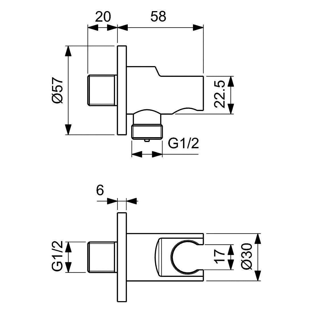 Комплект за вграждане Ceratherm T100 Silk Black - Ideal Standard, технически чертеж с размери и G1/2 присъединяване за душ