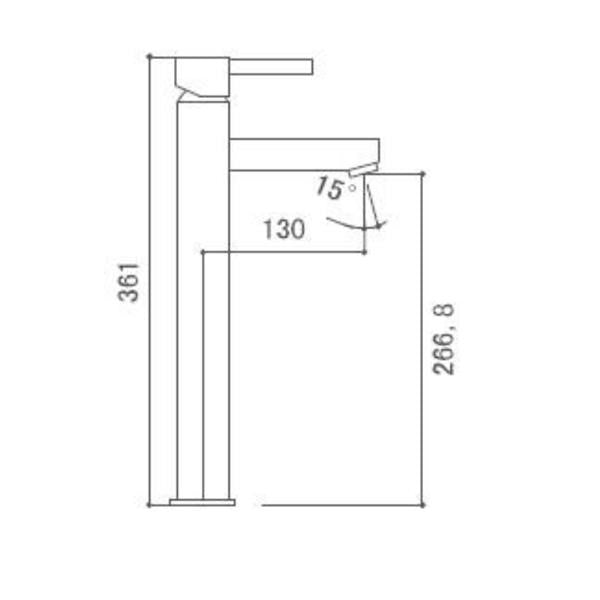Висок смесител за мивка Ams - технически чертеж с размери 361mm височина, 266.8mm изход, 130mm дължина на чучура, 15° наклон
