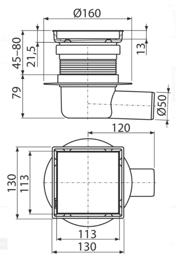 Подов сифон APV140 за плочка или плътна решетка - Alpcaplast, технически чертеж с размери Ø160, Ф50, страничен изход за магазин KERANOVA