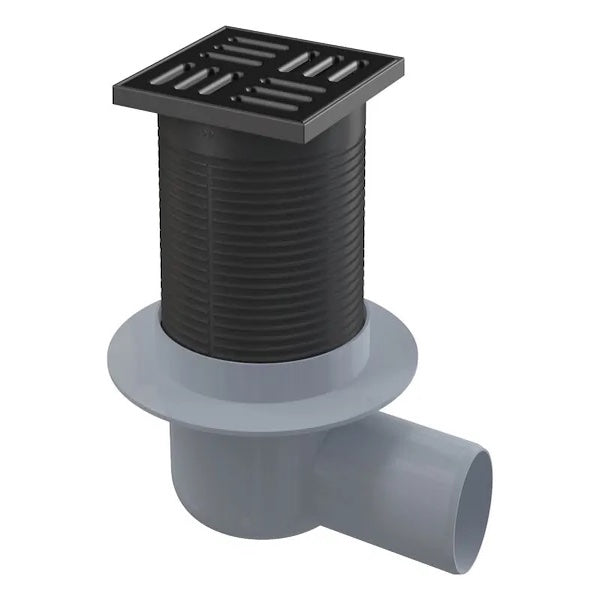 Подов сифон APV31 Black - Alpcaplast, черен мат с неръждаема решетка 105×105/50 мм, странично оттичане, SMART затвор — KERANOVA онлайн магазин