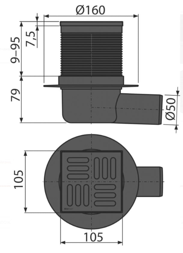 Подов сифон APV31 Black - Alpcaplast, технически чертеж 105×105/50 мм, странично оттичане, неръждаема черна мат решетка