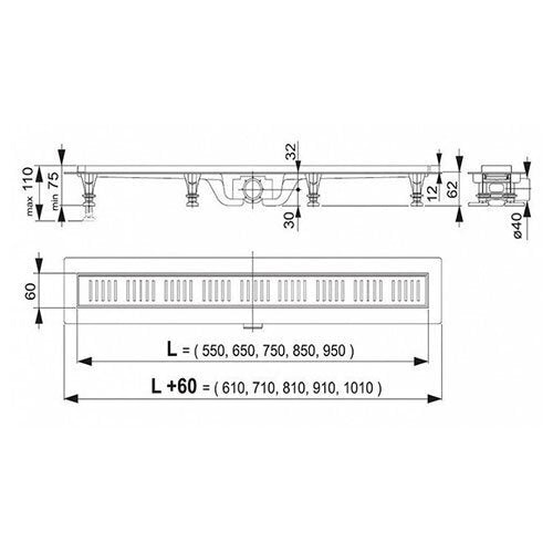 Alcaplast APZ10 Black линеен сифон с метална решетка, воден и сух затвор, регулируеми крака, монтаж 62 мм – KERANOVA