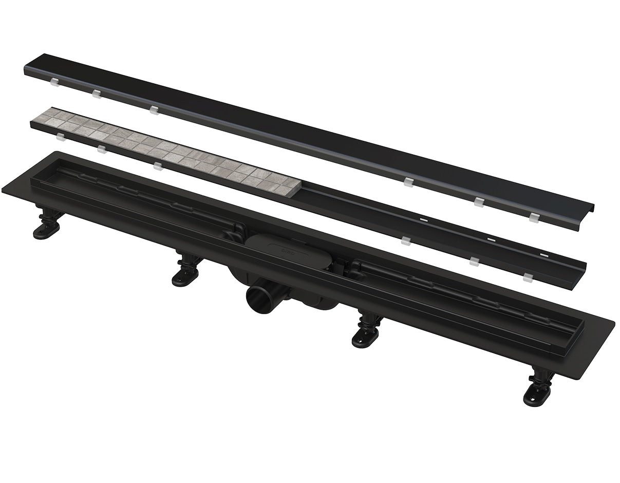 Alcaplast APZ19 Black - за плочка или с плътна решетка, линеен сифон за баня с регулируеми крачета, воден и сух затвор - KERANOVA