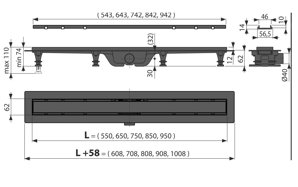 Alcaplast APZ19 - за плочка или с плътна решетка, технически чертеж с размери, изход Ф40 мм, височина 62 мм, онлайн магазин KERANOVA