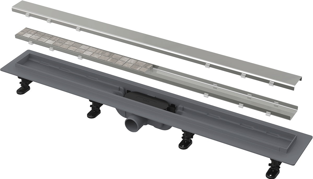 Alcaplast APZ19 - за плочка или с плътна решетка линеен сифон за баня с неръждаема решетка, воден и сух затвор, изход Ф40 мм, KERANOVA