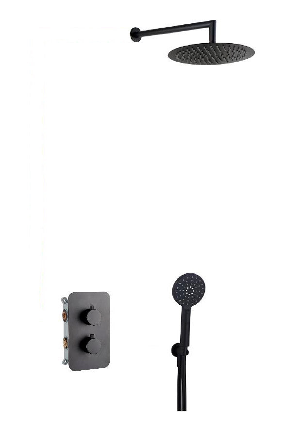 Вградена душ система с термостат AQTER Matt Black - Aquagrif, черен мат душ комплект с душ пита Ø25 см и ръчен душ
