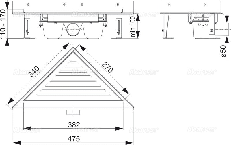 Ъглов подов сифон с неръждаема стоманена решетка, страничен изход ф50 мм, чертеж с размери за онлайн магазин KERANOVA