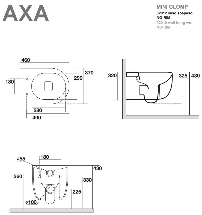 Rimless тоалетна Mini Glomp - 46 см дълбочина технически чертеж със схеми размери монтаж NO RIM KERANOVA