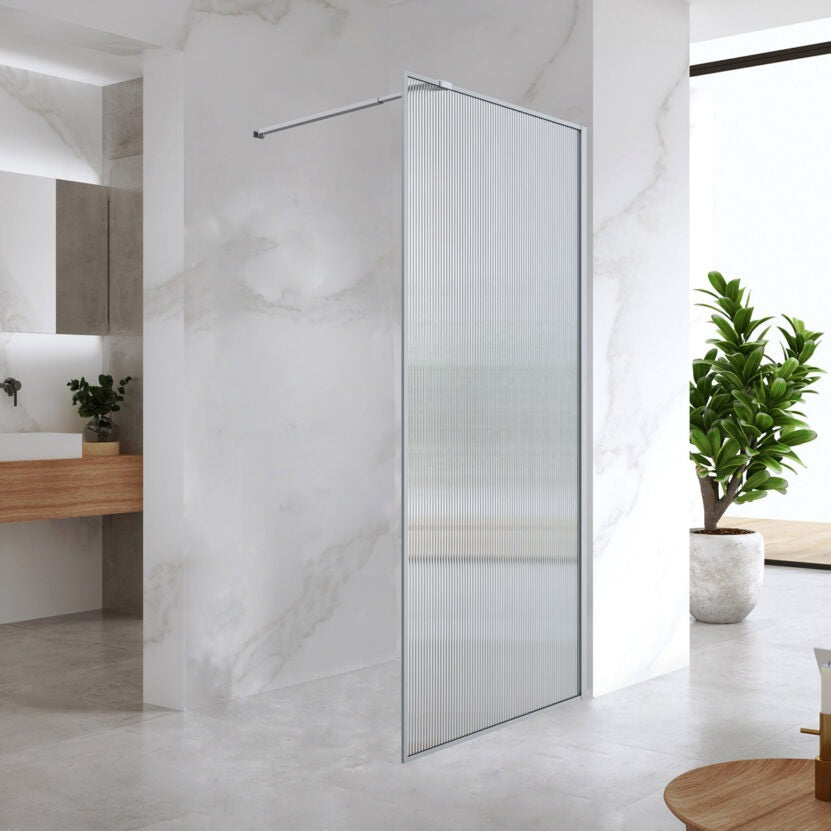 Статичен параван Alia Walk-in Chrome Brush Fluted 70 см. - луксозен релефен параван 8 мм стъкло, антикалк покритие, телескопичен държач, KERANOVA онлайн магазин