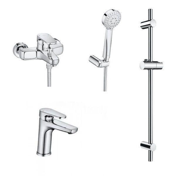 Комплект Anara 3 в 1 Roca - хром смесители за умивалник, вана/душ и ръчен душ с тръбно окачване за баня KERANOVA