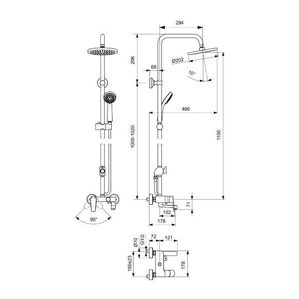 Душ система с чучур Seva L - Vidima, технически чертеж с размери и монтажни детайли, онлайн магазин KERANOVA