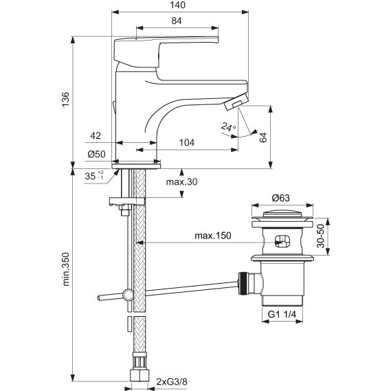 Calista КОМПЛЕКТ 3 В 1 - Vidima чертеж на смесител за мивка с размери и тръбни връзки за онлайн магазин KERANOVA