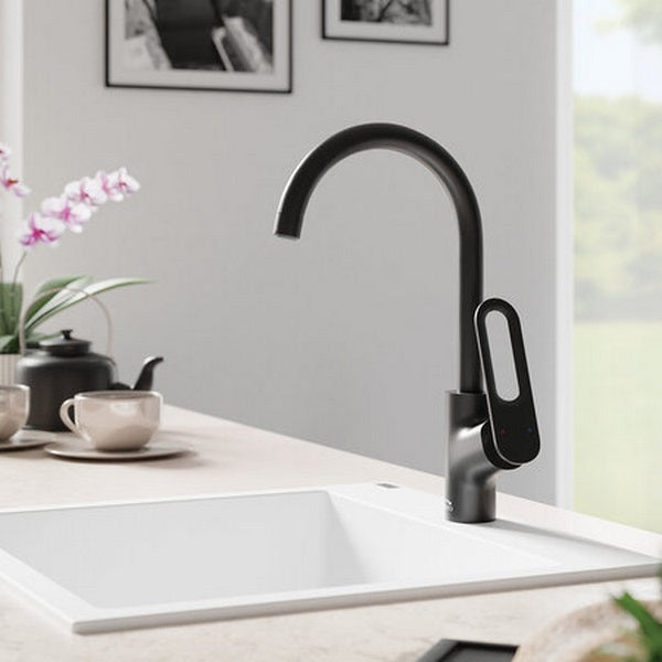 Кухненски смесител Tierra Black - Laveo едноръкохватков черен смесител за кухня, монтаж 1 дупка, керамичен картуш, онлайн магазин KERANOVA