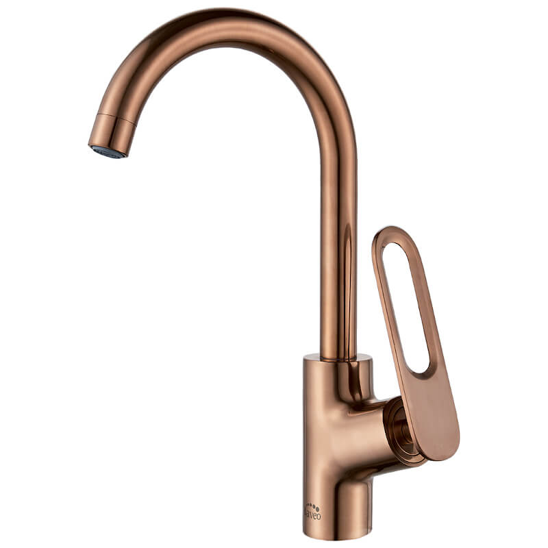 Кухненски смесител Tierra Rose Gold - Laveo в розово злато, едноръкохватков модел с висок чучур за онлайн магазин KERANOVA