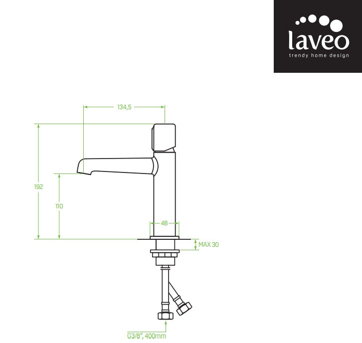 Смесител за мивка Pretto Black - Laveo, стоящ черен смесител без изпразнител, технически размери, онлайн магазин KERANOVA