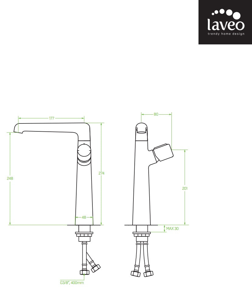 Смесител за мивка Pretto Black XL - Laveo висок черен смесител с размери и технически схеми, онлайн магазин за обзавеждане за бани KERANOVA