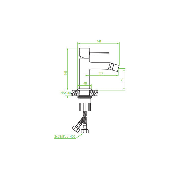 Смесител за биде Pola - Laveo технически чертеж с размери за онлайн магазин KERANOVA