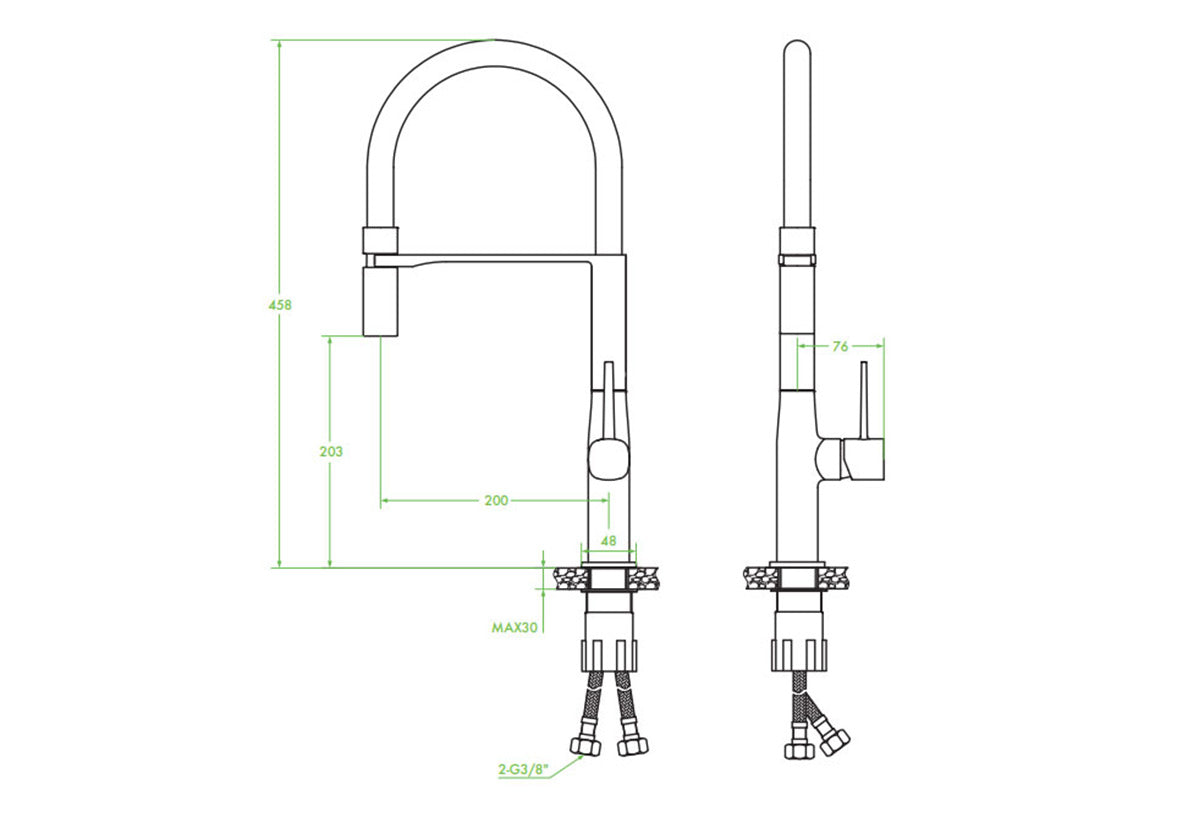 Кухненски смесител Pola - Laveo технически чертеж с размери и връзки за монтаж за онлайн магазин KERANOVA