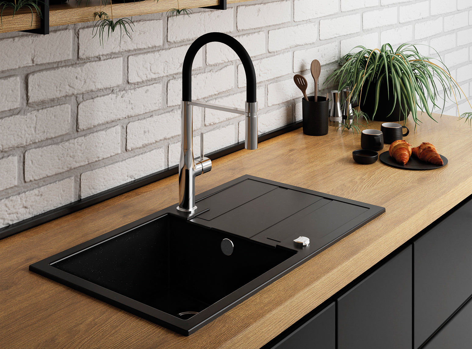 Кухненски смесител Pola - Laveo монтаж едноръкохватков с черен гъвкав чучур в модерна кухня от онлайн магазин KERANOVA