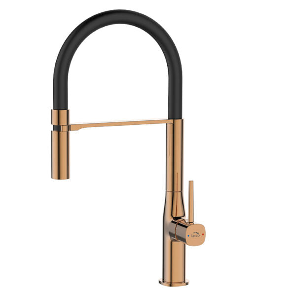 Кухненски смесител Pola Rose Gold Black - Laveo, едноръкохватков смесител с розово злато и черен гъвкав чучур за кухни, KERANOVA