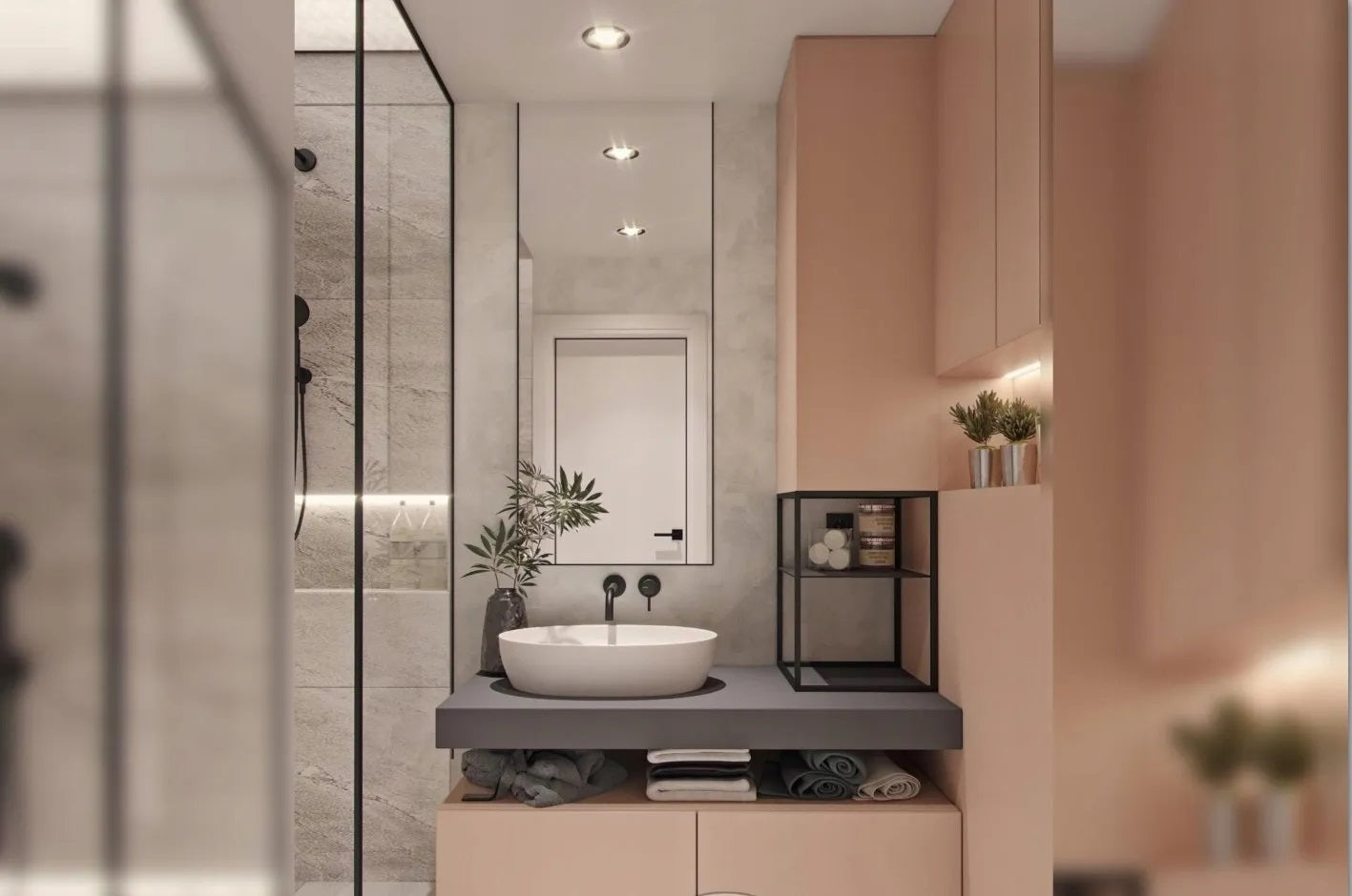 Стенен смесител за мивка Lungo Black Wall на стената над кръгла мивка в модерен банен интериор – KERANOVA онлайн магазин