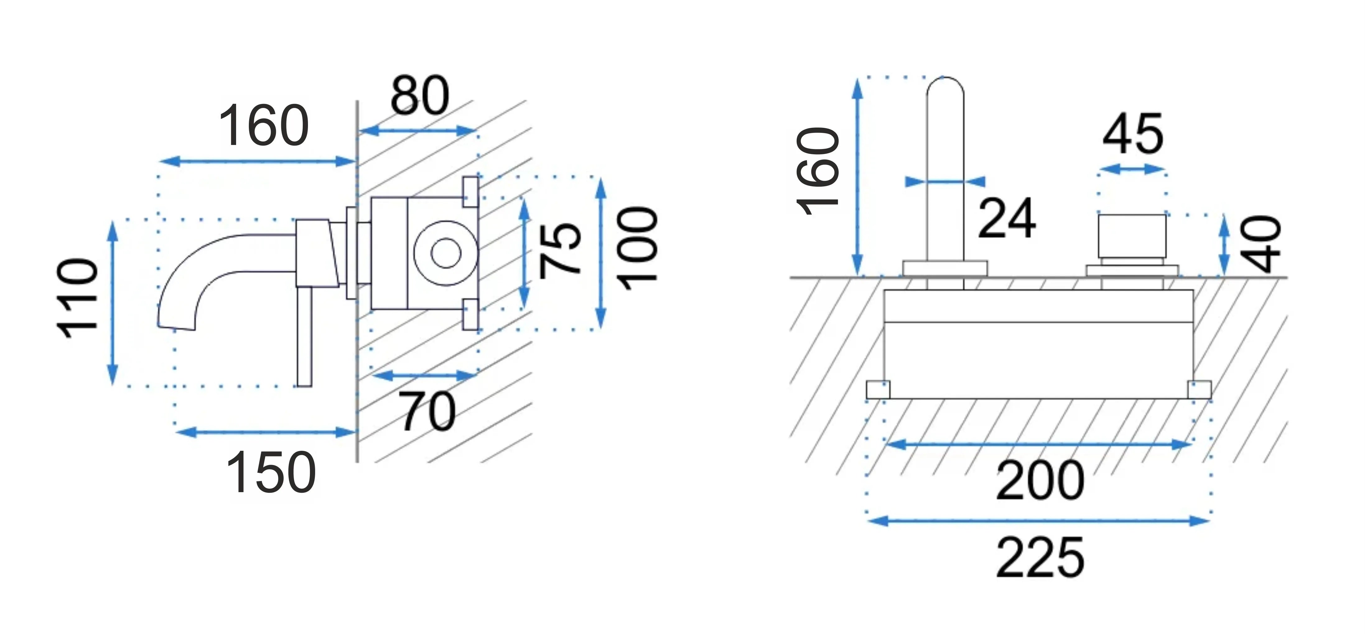 Стенен смесител за мивка Lungo Black Wall черен мат, технична схема с размери 16 см чучур, вграден монтаж, онлайн магазин KERANOVA
