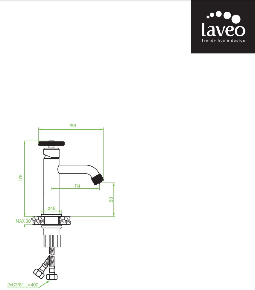Смесител за мивка Muro Black - Laveo, черен стоящ смесител без изпразнител, технически размери, онлайн магазин KERANOVA