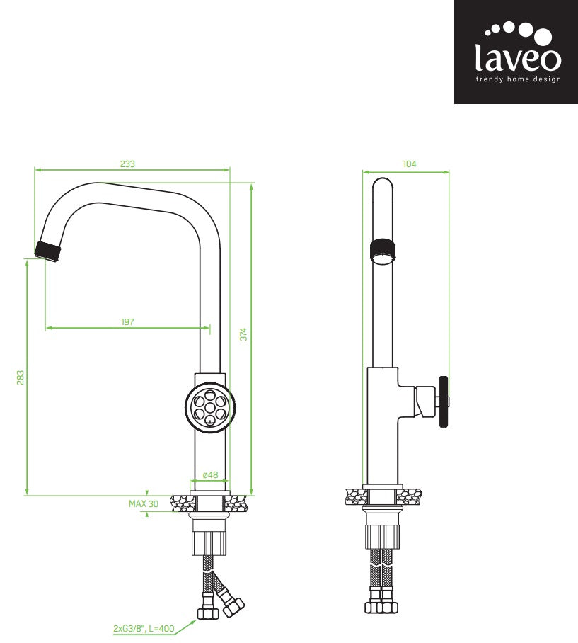 Кухненски смесител Muro Graphite - Laveo технически чертеж с размери за онлайн магазин KERANOVA