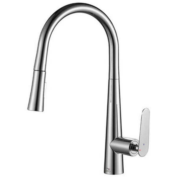 Кухненски смесител Nalda изтеглящ - Laveo, едноръкохватков хром, изтеглящ душ, керамичен картуш, монтаж за онлайн магазин KERANOVA