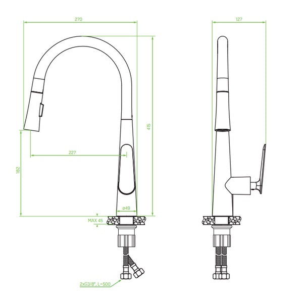 Кухненски смесител Nalda Black изтеглящ - Laveo технически чертеж с размери и монтажни връзки за онлайн магазин KERANOVA
