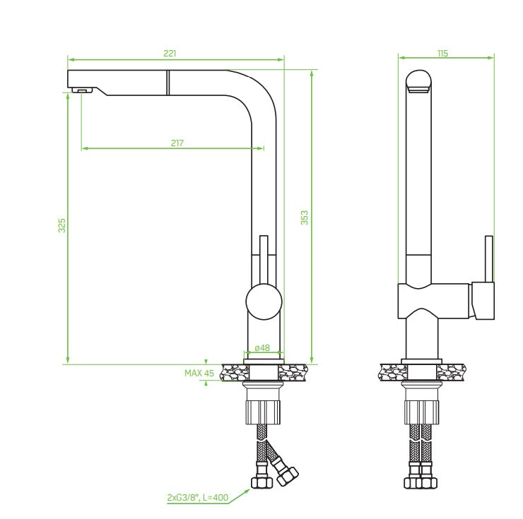 Кухненски смесител Luna Beige Granite изтеглящ - Laveo технически чертеж с размери за монтаж онлайн магазин KERANOVA