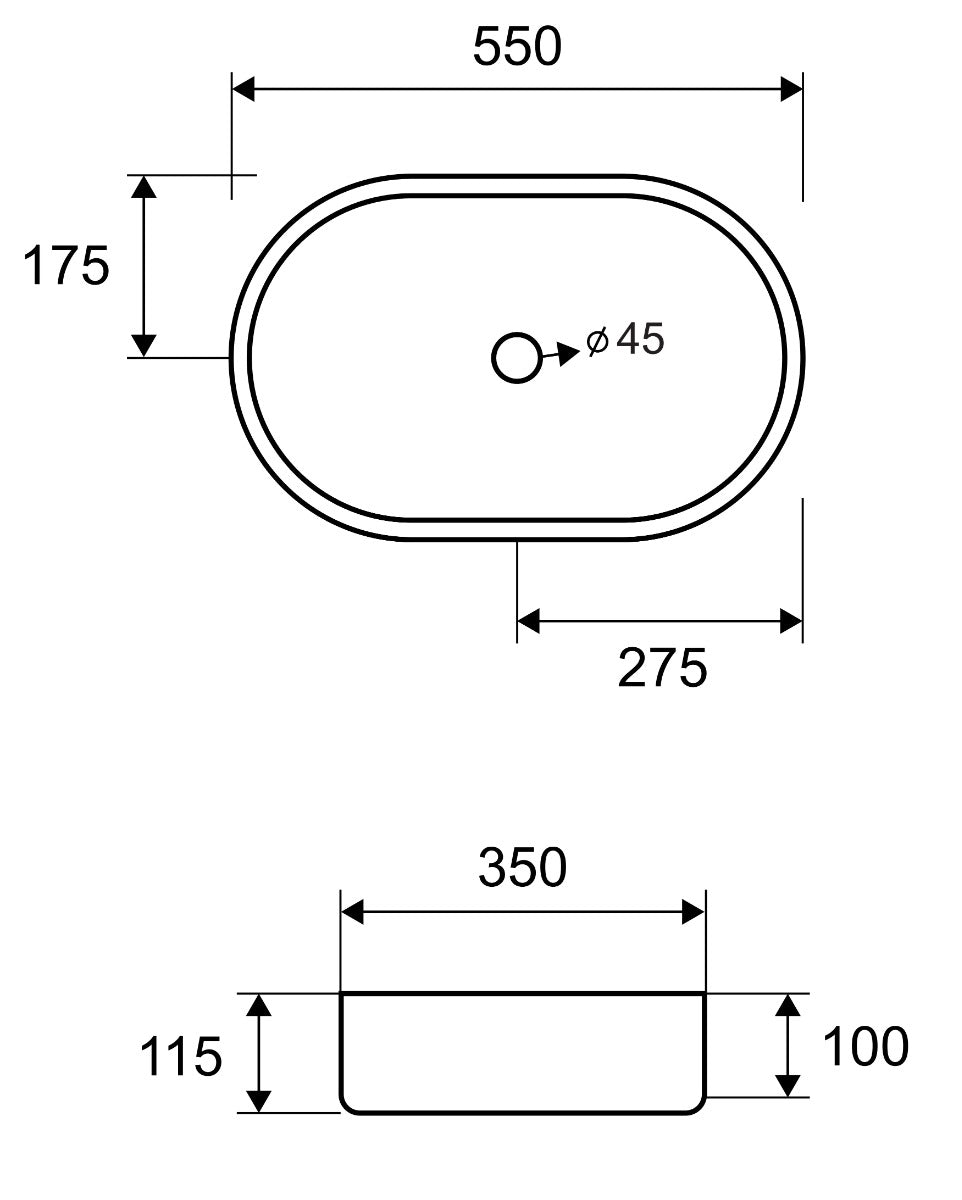 Неръждаема мивка Jupiter Oro 55х35 см. диаграма с размери 550x350 мм, Ø45 мм отвор, PVD матирано злато — онлайн магазин за обзавеждане за бани KERANOVA