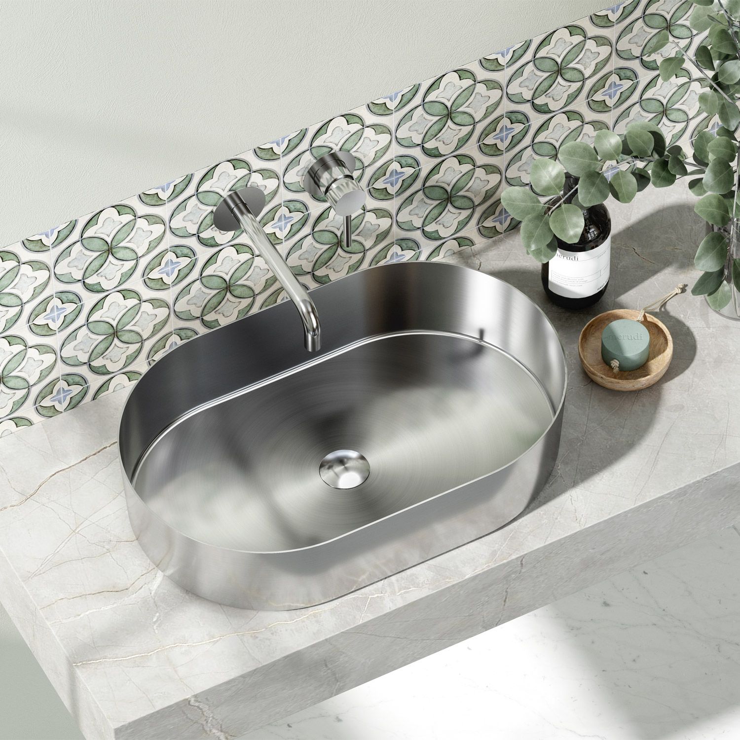 Неръждаема мивка Jupiter Brushed Steel 55х35 см. - овална PVD мивка от неръждаема стомана за баня, KERANOVA онлайн магазин