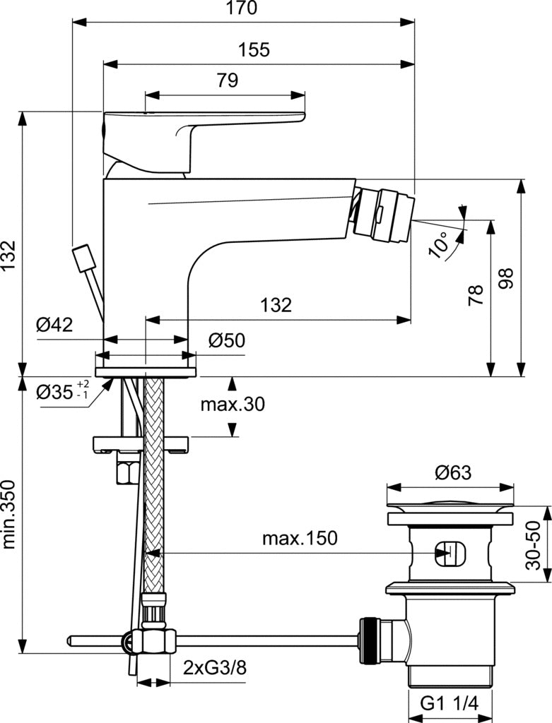 Смесител за биде Tyria - Ideal Standard технически чертеж с размери и монтажни детайли за онлайн магазин KERANOVA