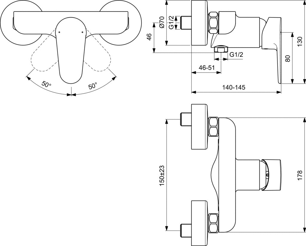 Смесител за душ Tyria бяло с хром - Ideal Standard технически чертеж с размери за онлайн магазин за обзавеждане за бани KERANOVA