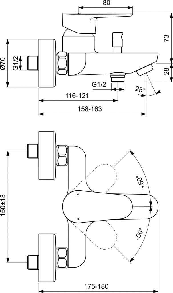 Смесител за вана/душ Tyria - Ideal Standard технически чертеж с размери за онлайн магазин KERANOVA