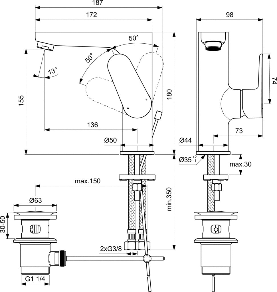 Смесител за умивалник Tyria - Ideal Standard технически чертеж с размери и изпразнител за онлайн магазин KERANOVA