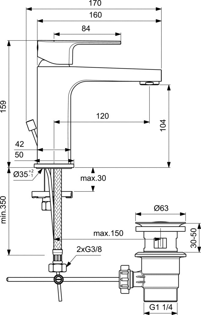Смесител за умивалник Esla - Ideal Standard технически чертеж с размери, изпразнител, G3/8" връзки за онлайн магазин KERANOVA