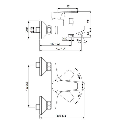 ESLA КОМПЛЕКТ 3 В 1 - Ideal Standard технически чертеж с размери за смесител, комплект за вана/душ за онлайн магазин KERANOVA