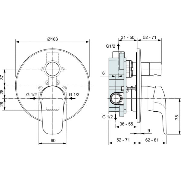Ceraflex ДУШ КОМПЛЕКТ ЗА ВГРАЖДАНЕ - Ideal Standard технически чертеж с размери и монтажни данни за онлайн магазин KERANOVA